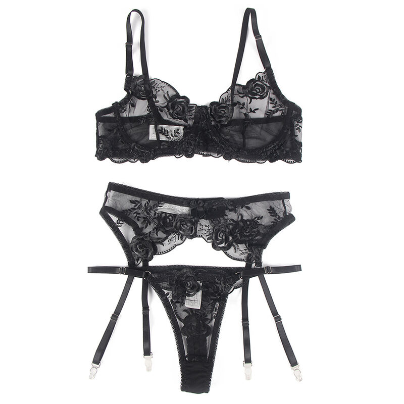 SUBBLIME - SET DE 3 PIEZAS SUJETADOR + TANGA + LIGA ESTAMPADO FLORAL NEGRO S/M – Bild 14