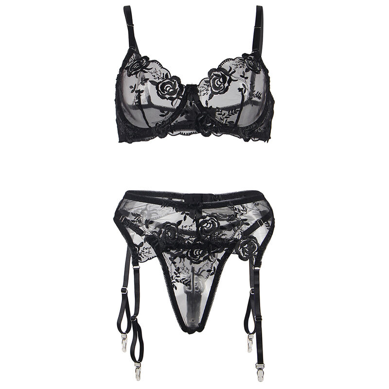 SUBBLIME - SET DE 3 PIEZAS SUJETADOR + TANGA + LIGA ESTAMPADO FLORAL NEGRO S/M – Bild 15