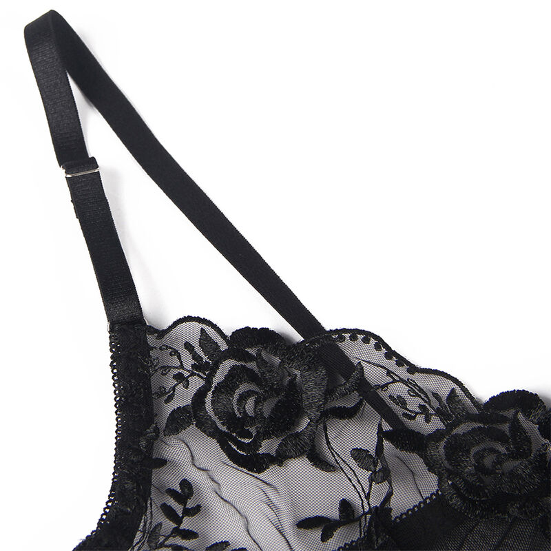 SUBBLIME - SET DE 3 PIEZAS SUJETADOR + TANGA + LIGA ESTAMPADO FLORAL NEGRO S/M – Bild 3