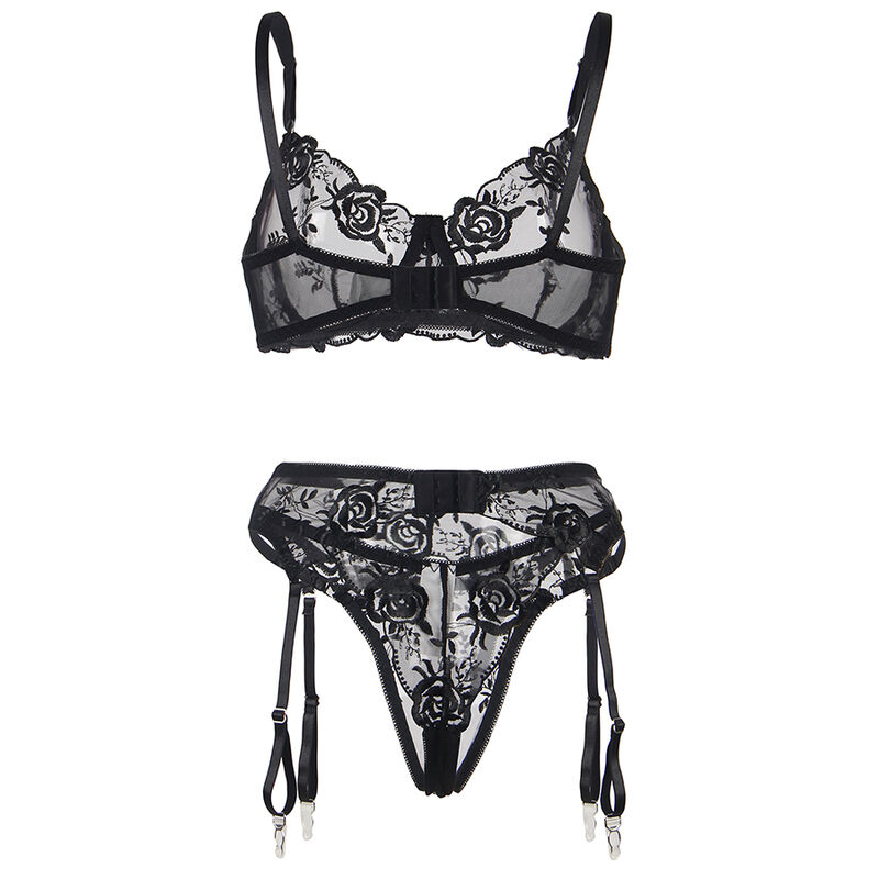 SUBBLIME - SET DE 3 PIEZAS SUJETADOR + TANGA + LIGA ESTAMPADO FLORAL NEGRO S/M – Bild 12