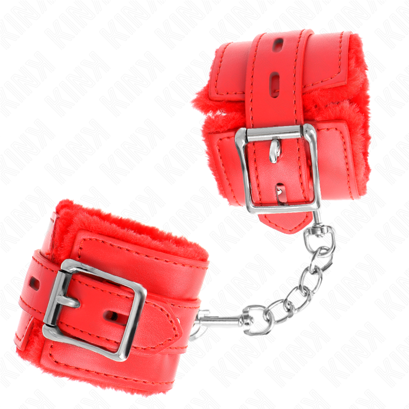KINK - PELZGEFÜTTERTE HANDGELENKFESSELN MIT QUADRATISCHEN LÖCHERN, ROT UND ROTER GÜRTEL, VERSTELLBAR 17-29 CM X 6 CM – Bild 3
