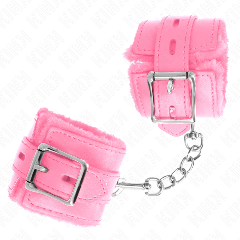 KINK - PELZGEFÜTTERTE HANDGELENKFESSELN MIT QUADRATISCHEN LÖCHERN, ROSA UND ROSA GÜRTEL, VERSTELLBAR 17-29 CM X 6 CM – Bild 3