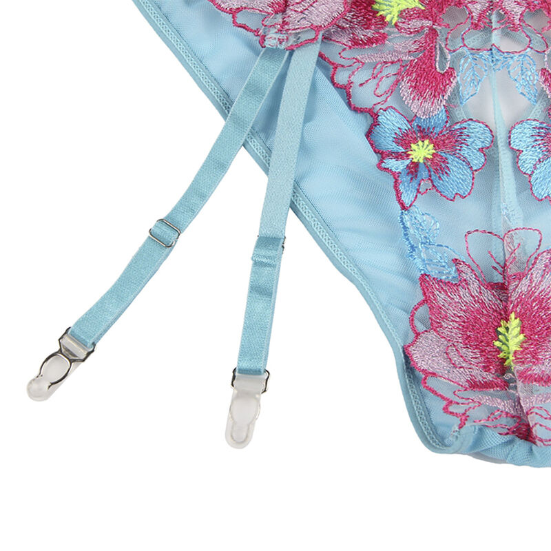 SUBBLIME - 954109 BH + HÖSCHEN MIT STRUMPFGÜRTEL BLUMENDESIGN BLAU S/M – Bild 6