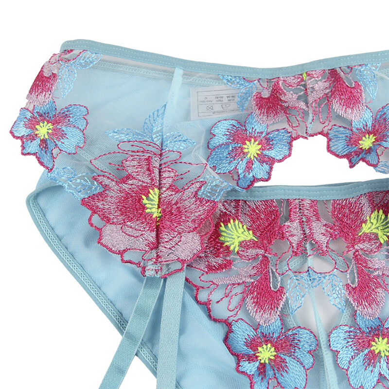 SUBBLIME - 954109 BH + HÖSCHEN MIT STRUMPFGÜRTEL BLUMENDESIGN BLAU S/M – Bild 7