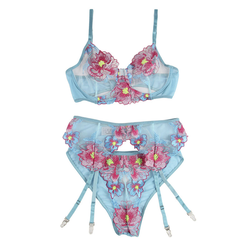 SUBBLIME - 954109 BH + HÖSCHEN MIT STRUMPFGÜRTEL BLUMENDESIGN BLAU S/M – Bild 8