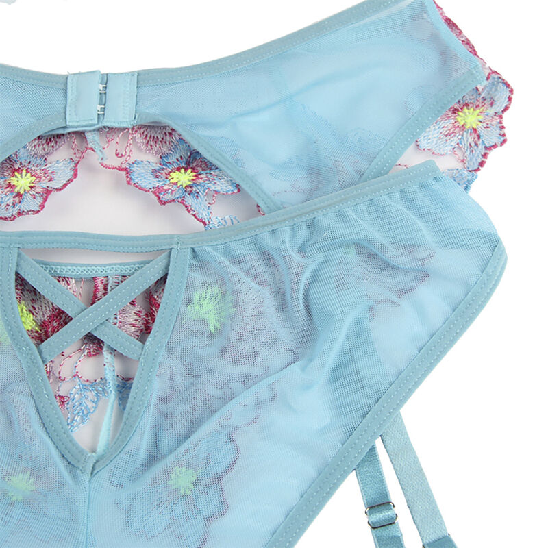 SUBBLIME - 954109 BH + HÖSCHEN MIT STRUMPFGÜRTEL BLUMENDESIGN BLAU S/M – Bild 10