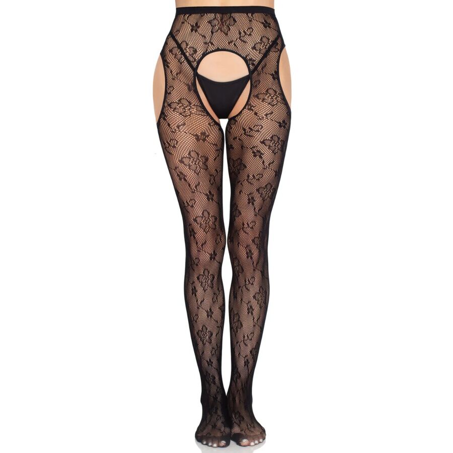 LEG AVENUE - 1967 BLOOM NETZ-STRUMPFHOSE MIT STRUMPFHALTERN, SCHWARZ - EINHEITSGRÖSSE