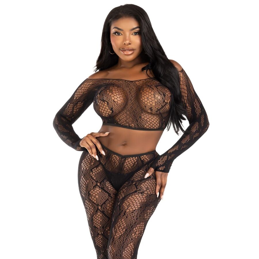 LEG AVENUE - 89373 PYTHON-CROP-TOP & FUSSLOSE STRUMPFHOSE SCHWARZ - EINHEITSGRÖSSE