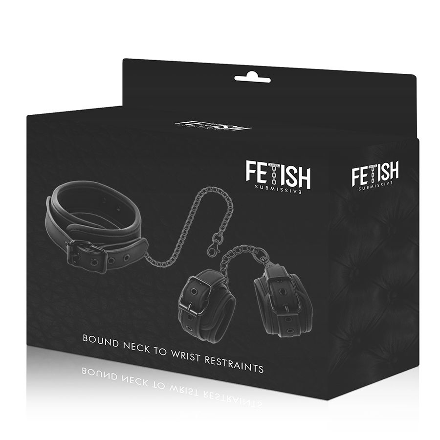FETISH SUBMISSIVE - HALSKETTE UND HANDSCHELLEN AUS VEGANEM LEDER MIT NOPRENE-FUTTER – Bild 3